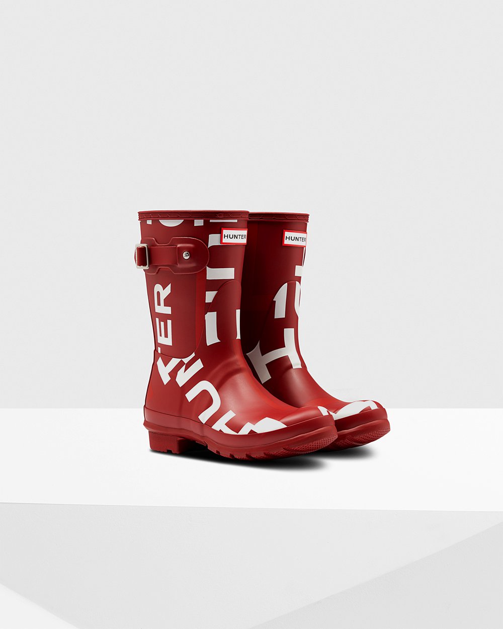 Womens Hunter Original Exploded Logo - Short Rain Boots Grey Red - 6740-UDWAF